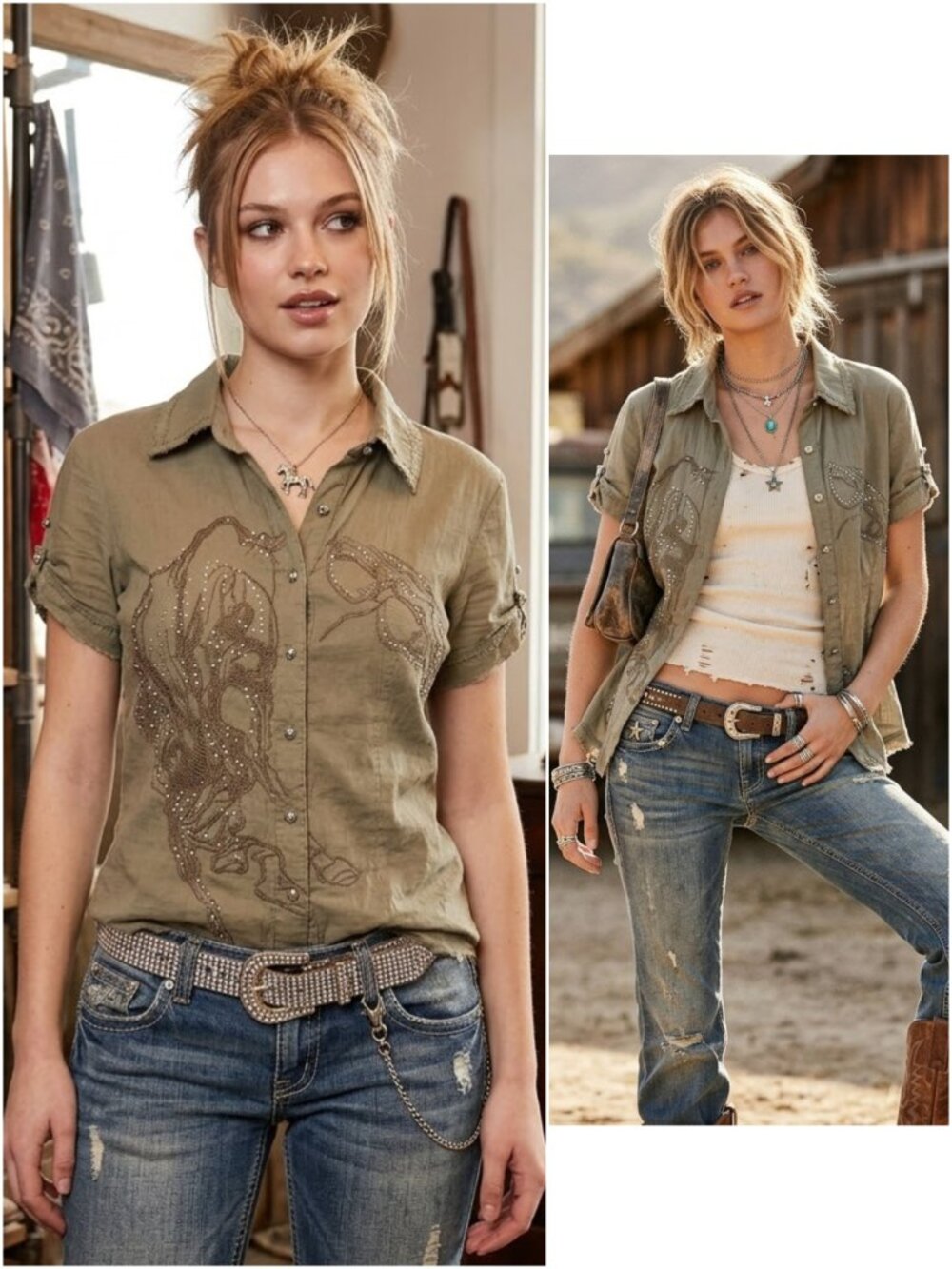 MURMUR Y2K Shirt Blouse Horse Embroidery Bedazzled Distressed Top Utility size M